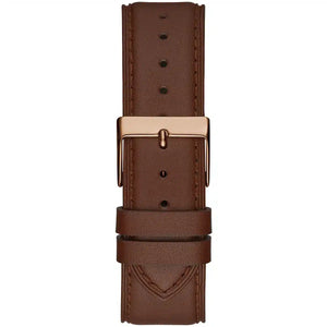 Rose gold pin buckle on the brown leather strap of the Guess GW0389G3