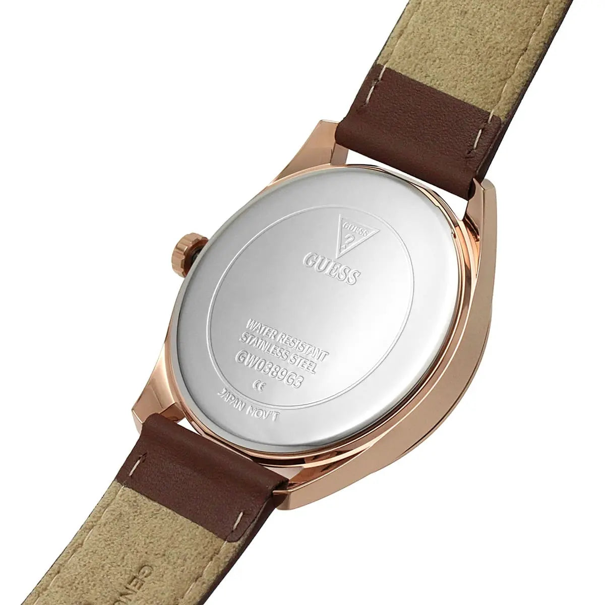 Stainless steel caseback of the Guess GW0389G3 with authentic brand engravings