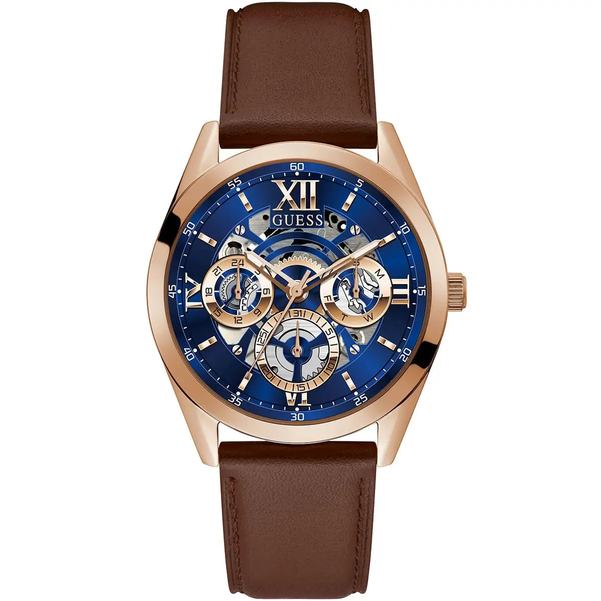 Guess Tailor GW0389G3 men's watch with rose gold case and blue skeleton dial on brown leather strap
