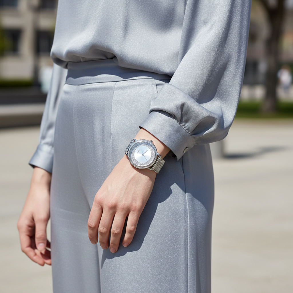 Female model wearing Guess GW0402L1 silver watch with a glamorous evening dress