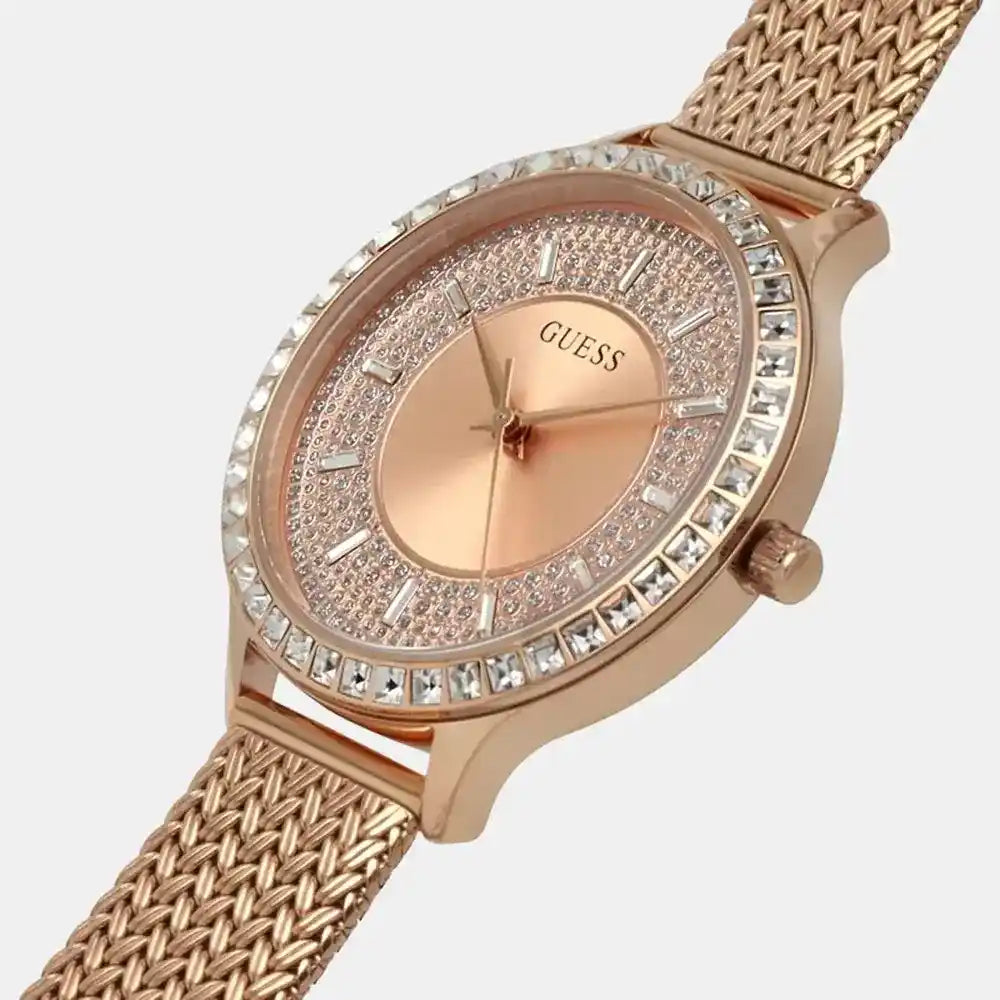 Left side perspective of the Guess GW0402L3 highlighting the flexible rose gold mesh bracelet