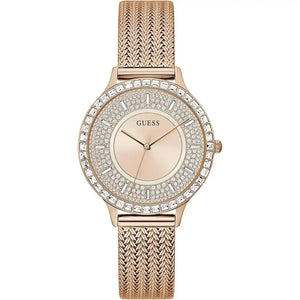 Guess Dress GW0402L3 ladies watch with round rose gold case and mesh strap