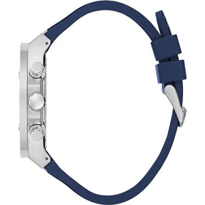 Side view of Guess GW0417G1 highlighting the crown and blue strap connection