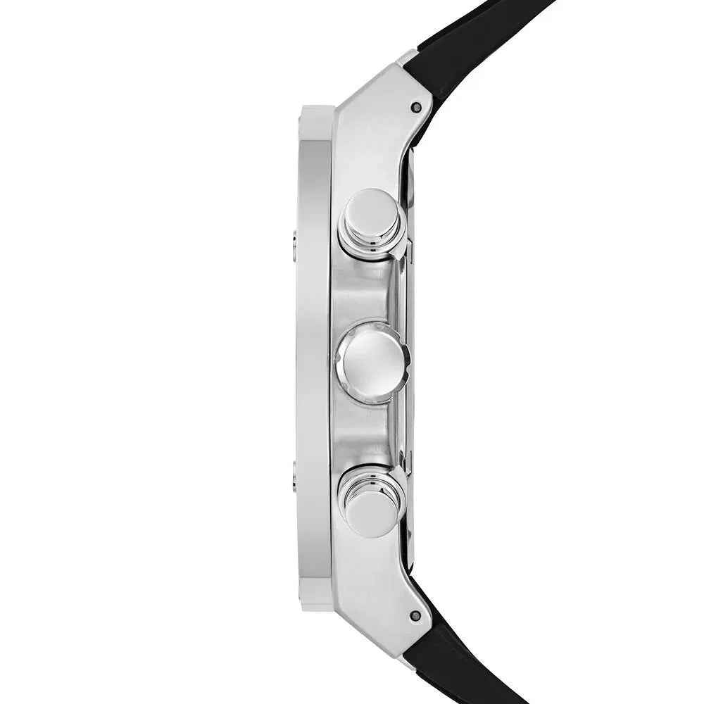 Close-up of a watch with a black strap and silver case on a white background