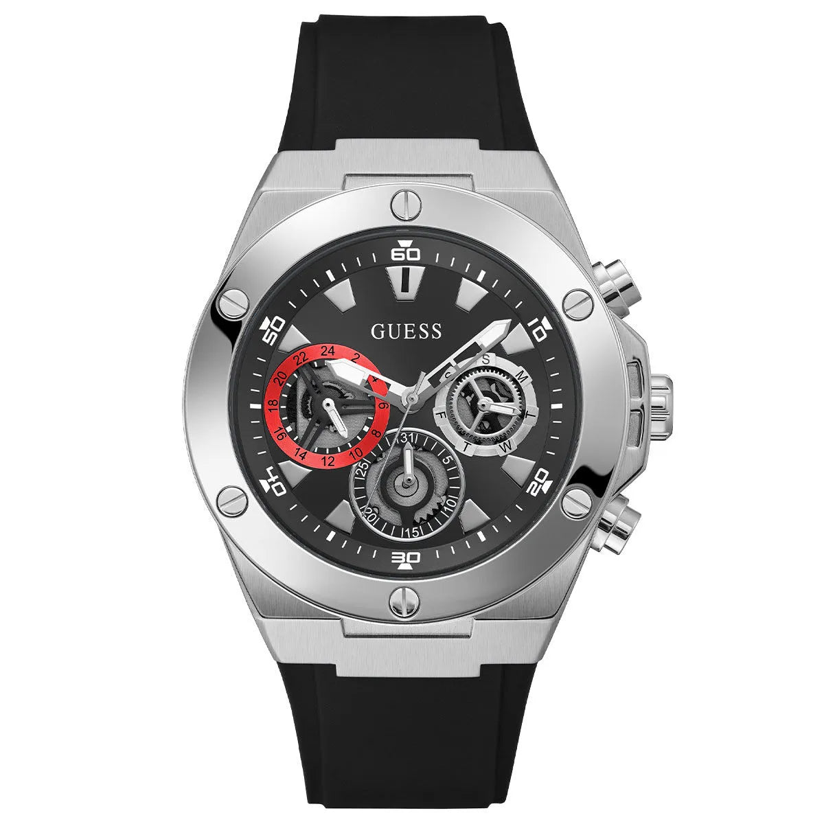 A Guess men's chronograph watch featuring a silver stainless steel case, a black dial with three sub-dials (including one with a red accent), and a black silicone strap, shown against a plain white background.