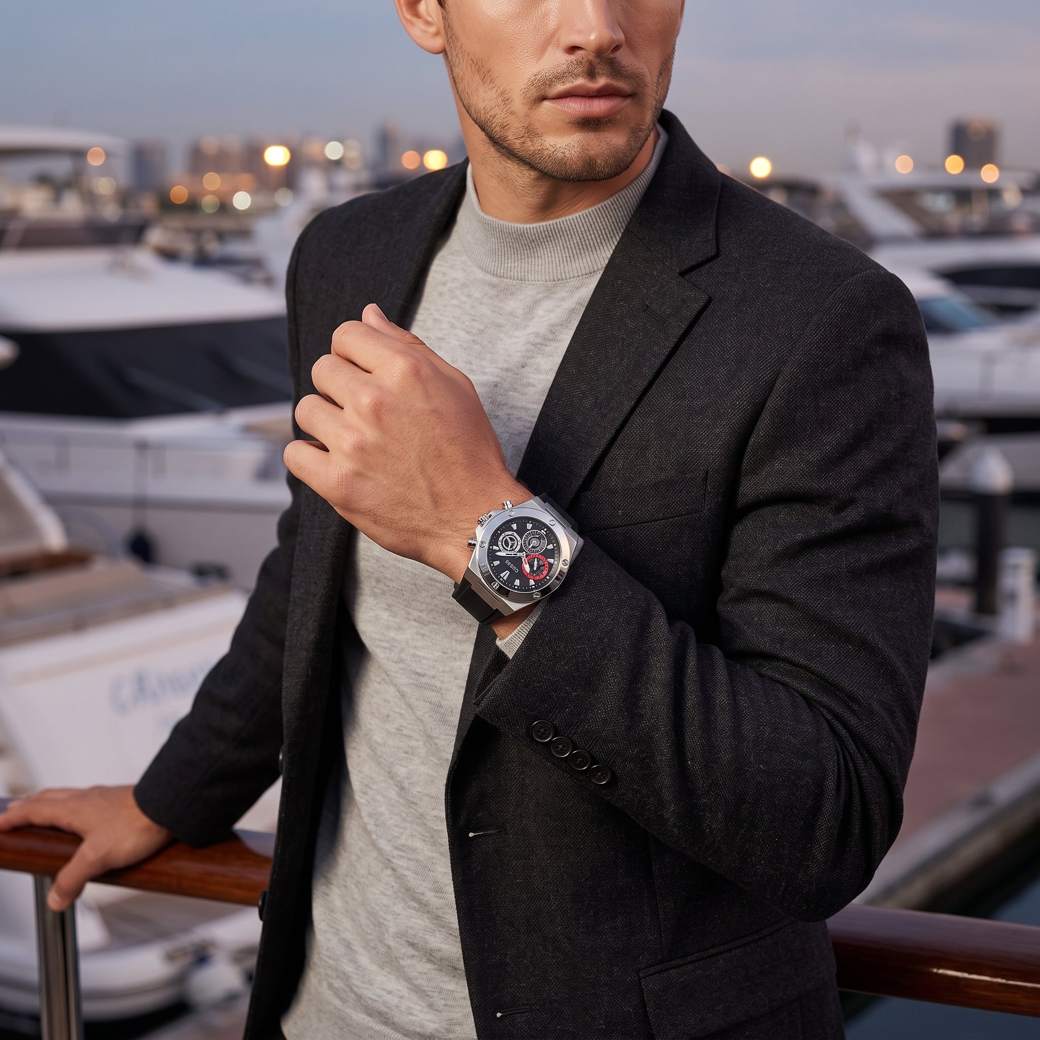 A man in a dark gray blazer and light gray turtleneck wears a silver-toned chronograph watch with a black dial and red accents, standing by a marina railing at dusk.