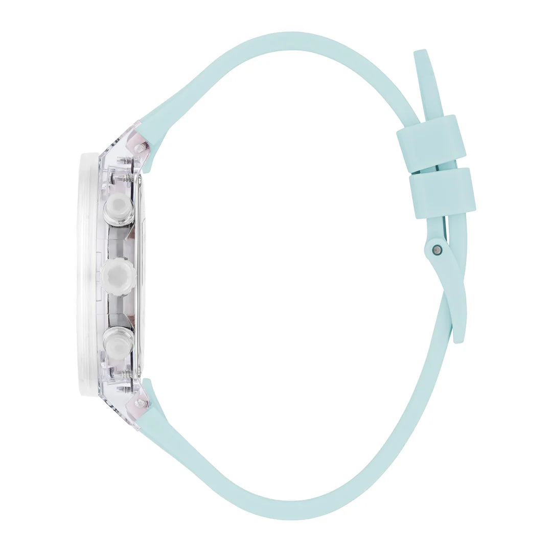 A light blue silicone watch band with a transparent case, shown from the side on a white background.