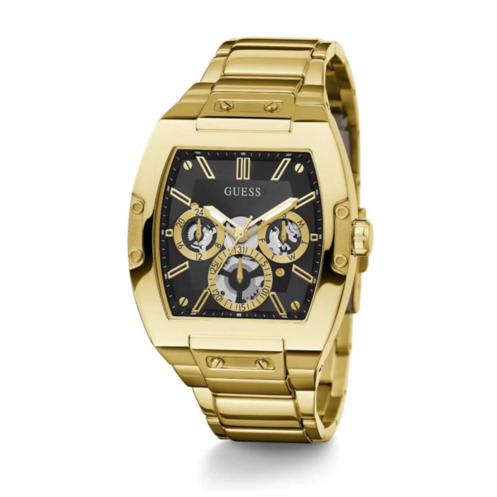 Angled view of Guess GW0456G1 showing the polished gold-tone barrel case