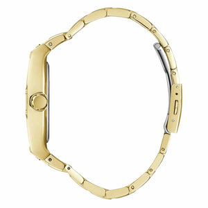 Left side view of the polished gold stainless steel case of Guess GW0456G1