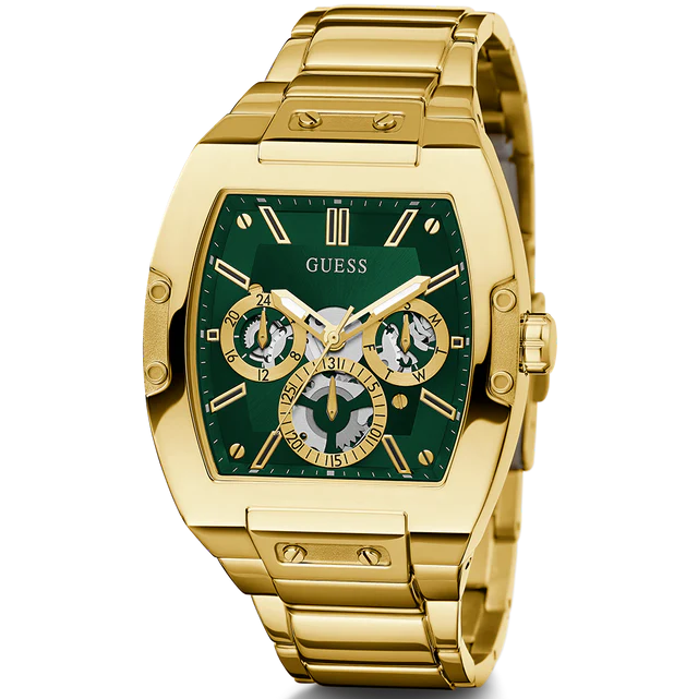 Angled view of Guess GW0456G3 showing the polished gold-tone barrel case