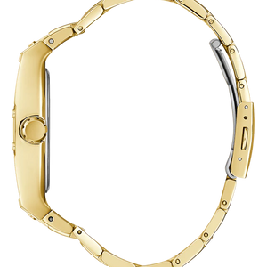 Left side view of the polished gold stainless steel case of Guess GW0456G3