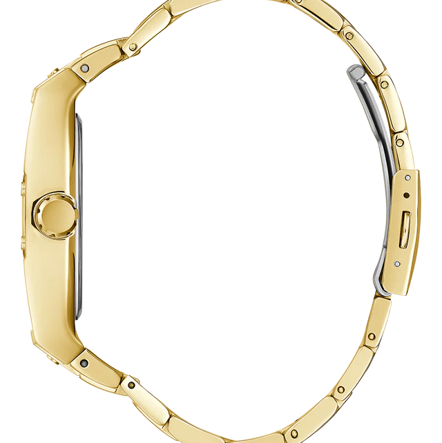 Left side view of the polished gold stainless steel case of Guess GW0456G3
