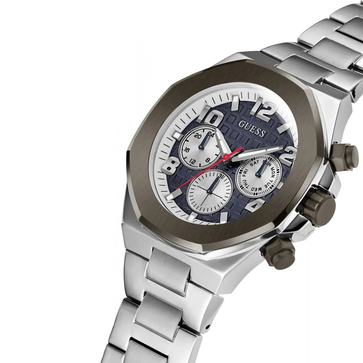Angled view of the Guess GW0489G1 highlighting the octagonal gunmetal bezel and integrated bracelet
