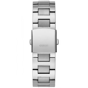 Detailed side view of the silver crown and gunmetal pushers on the Guess GW0489G1