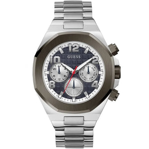 Guess Empire GW0489G1 men's watch with silver stainless steel bracelet and blue grid dial