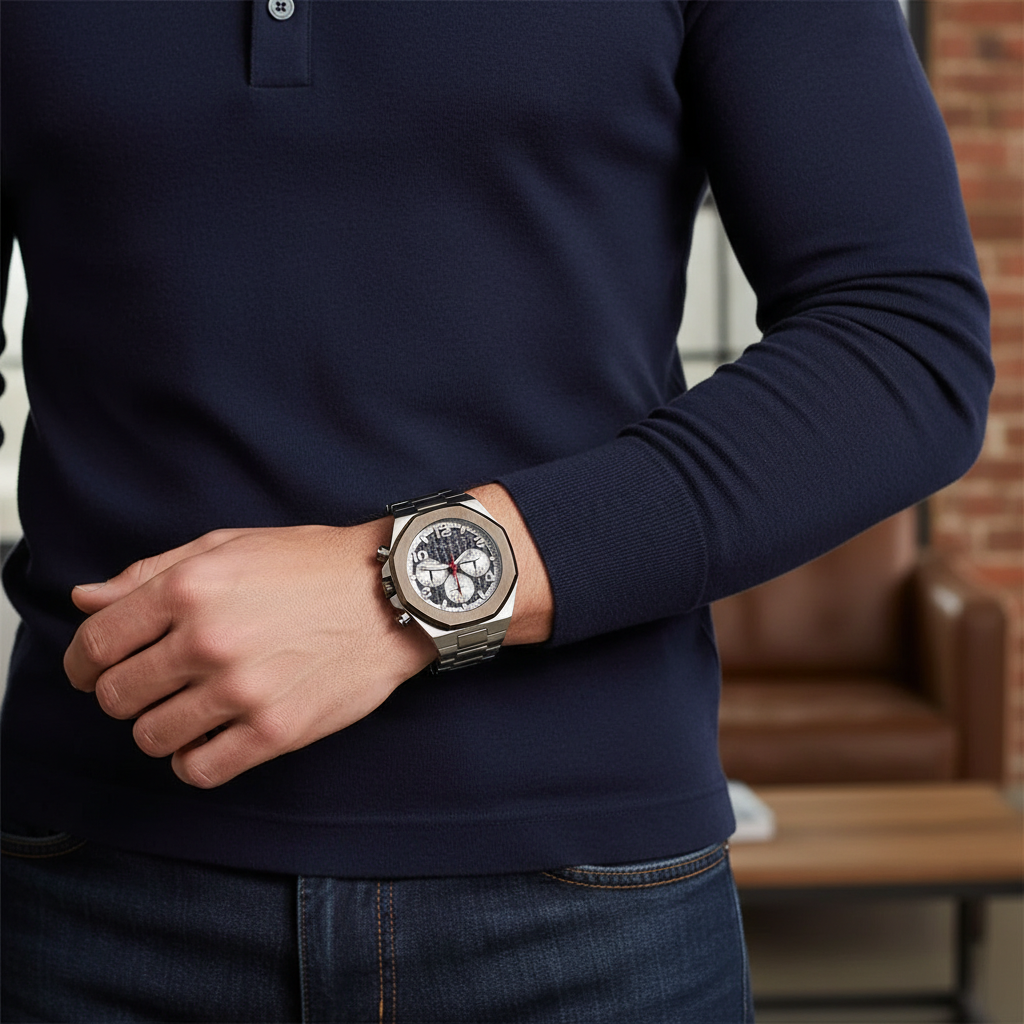 Male model wearing Guess GW0489G1 silver and blue watch with a bold modern outfit