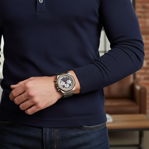 Male model wearing Guess GW0489G1 silver and blue watch with a bold modern outfit