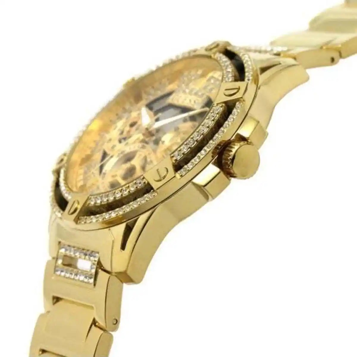 Left side perspective of the Guess GW0497G2 gold skeleton dial and link crystal shine