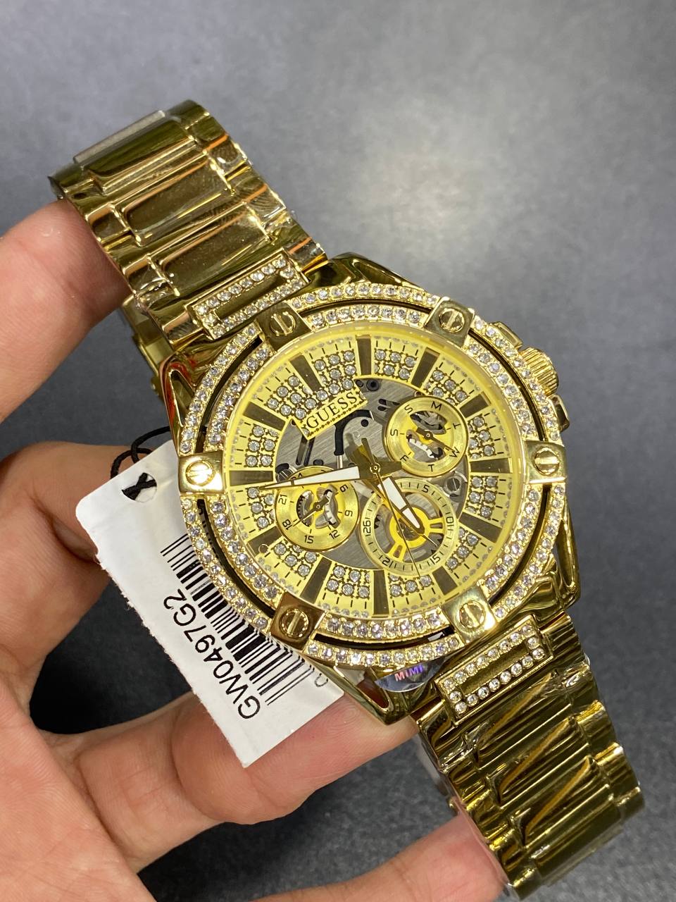 Authentic real-life photo of the Guess GW0497G2 watch showing actual brilliance and crystal depth