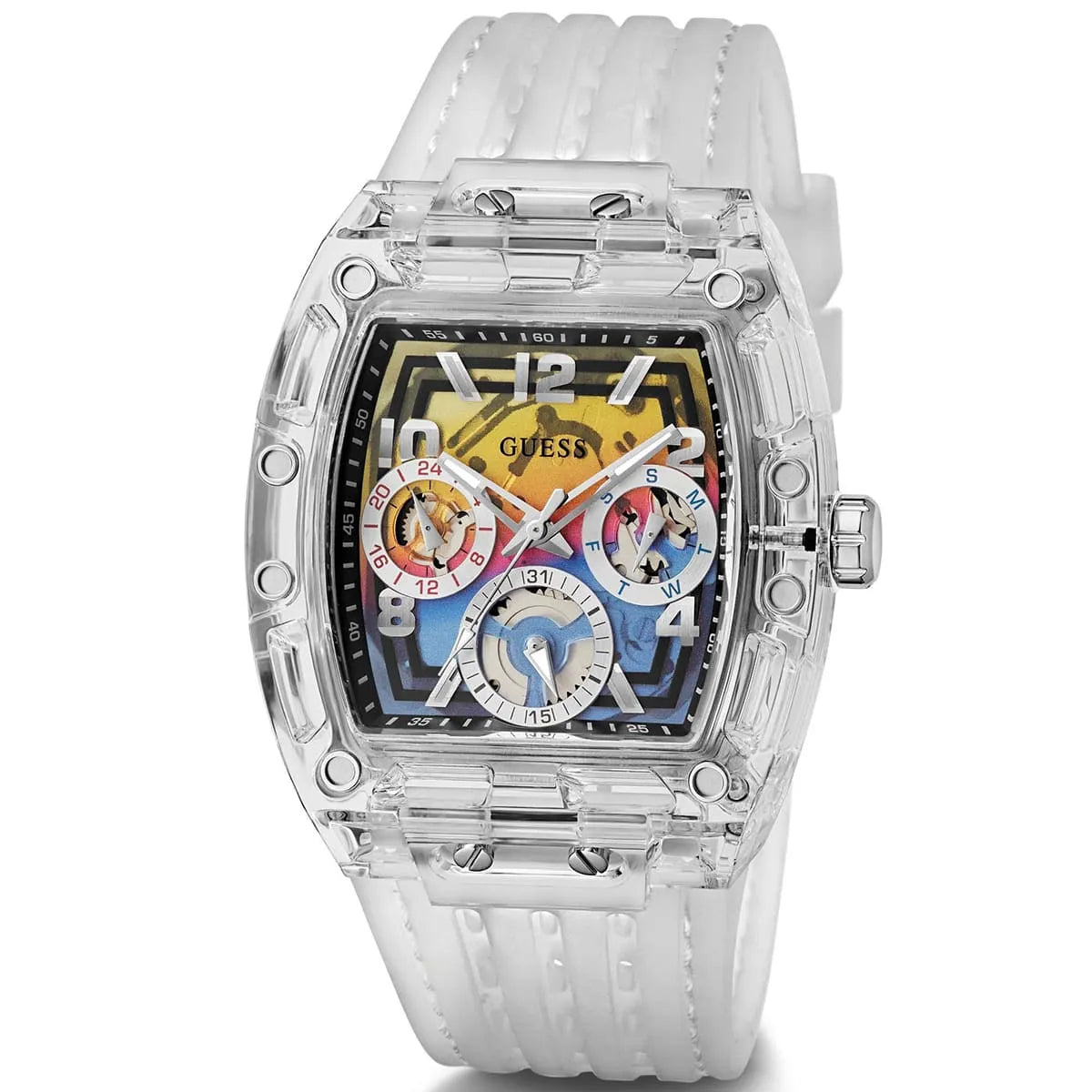 Angled view of Guess GW0499G3 showing the clear polycarbonate barrel case