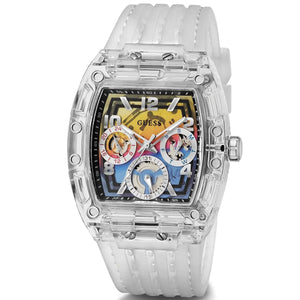 Angled view of Guess GW0499G3 showing the clear polycarbonate barrel case