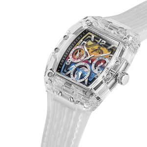 Side profile of Guess GW0499G3 highlighting the silver crown and transparent structure