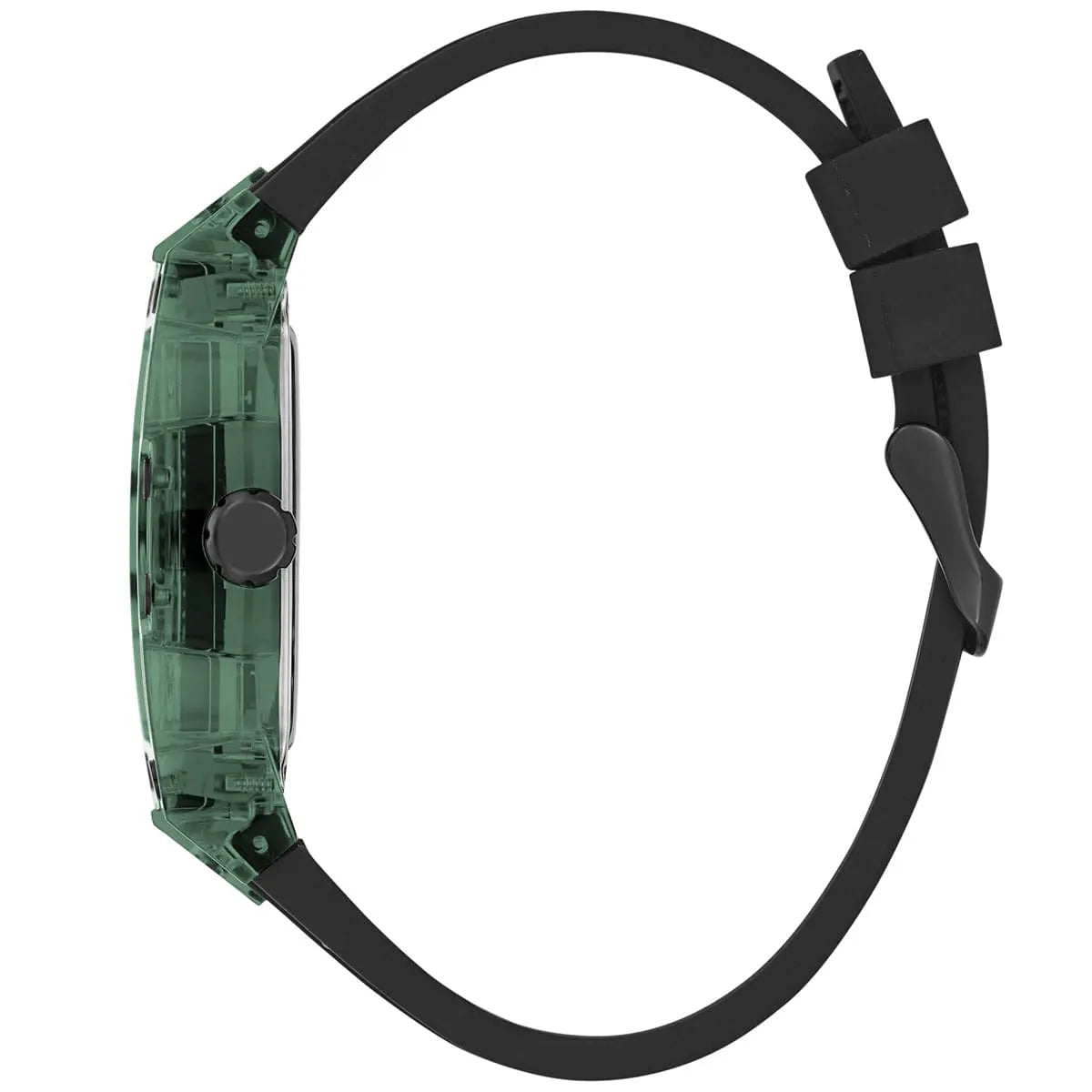 Left side view of the lightweight green transparent case of Guess GW0499G7
