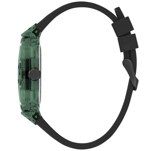 Left side view of the lightweight green transparent case of Guess GW0499G7