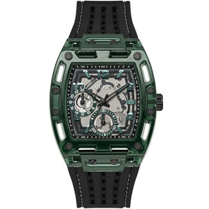 Guess GW0499G7 Phoenix men's watch with green transparent case and black rubber strap