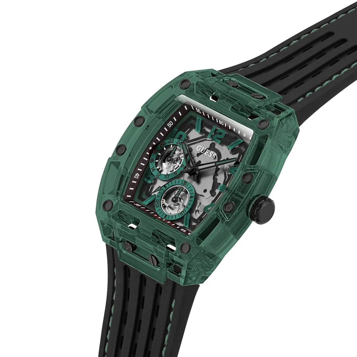 Side profile of Guess GW0499G7 highlighting the black crown and transparent lugs