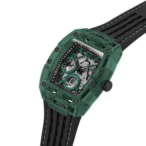 Side profile of Guess GW0499G7 highlighting the black crown and transparent lugs