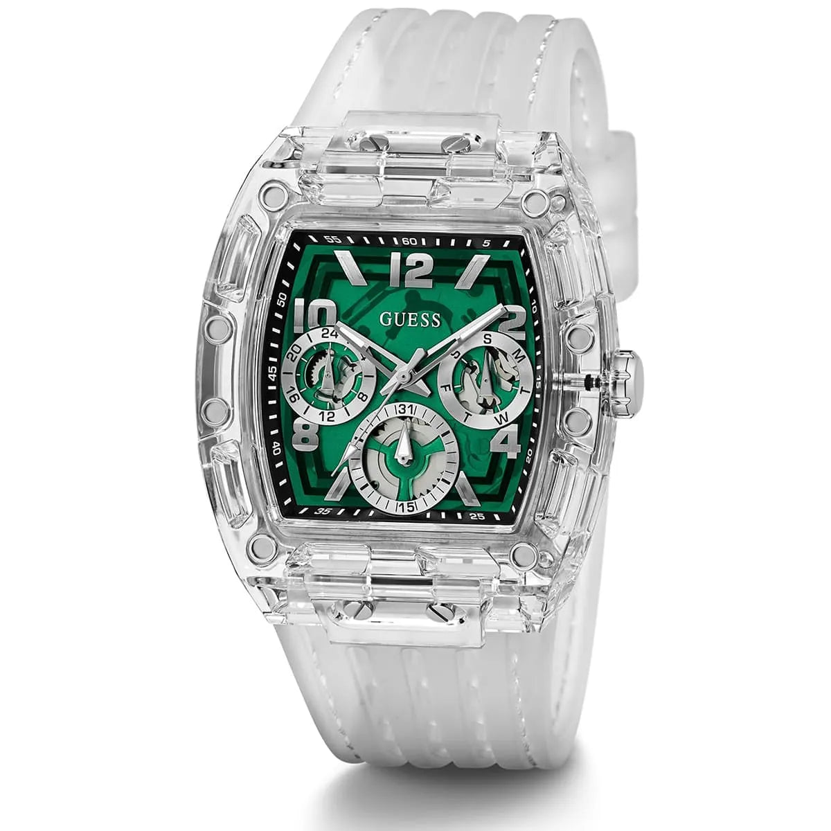 Angled view of Guess GW0499G8 showing the clear polycarbonate barrel case