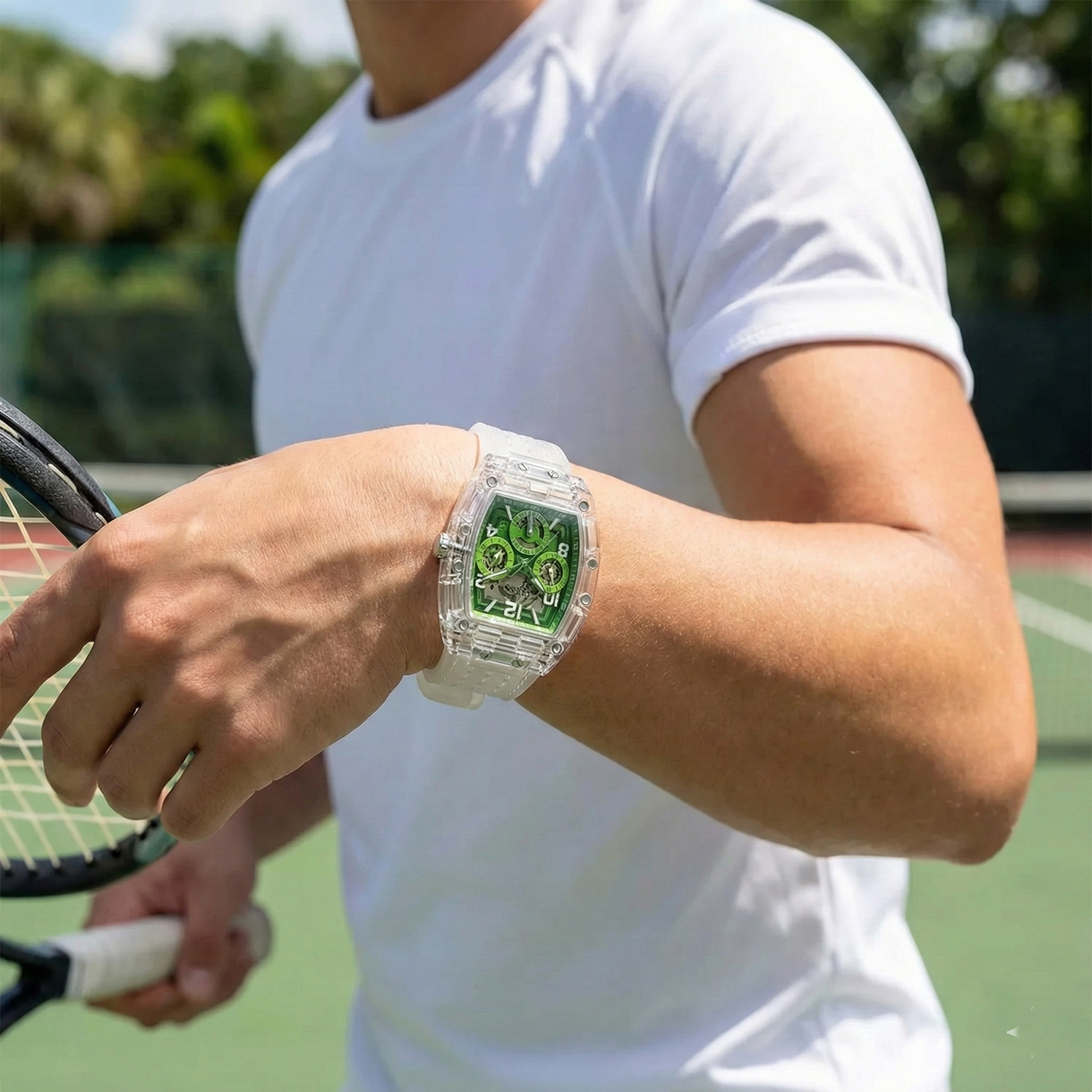 AI lifestyle shot of a man wearing the transparent and green Guess Phoenix watch
