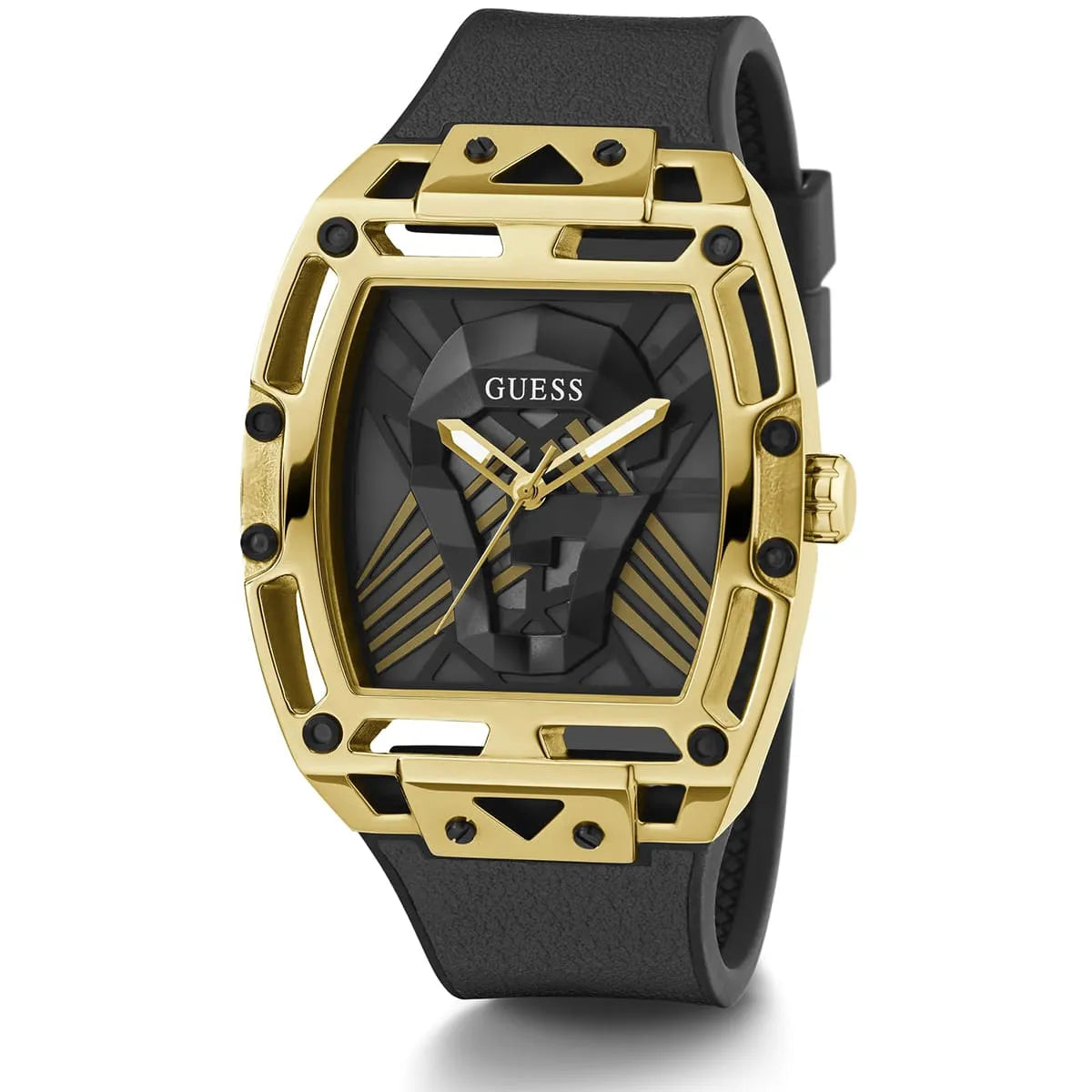 Angled view showing the industrial gold-tone barrel case of Guess GW0500G1