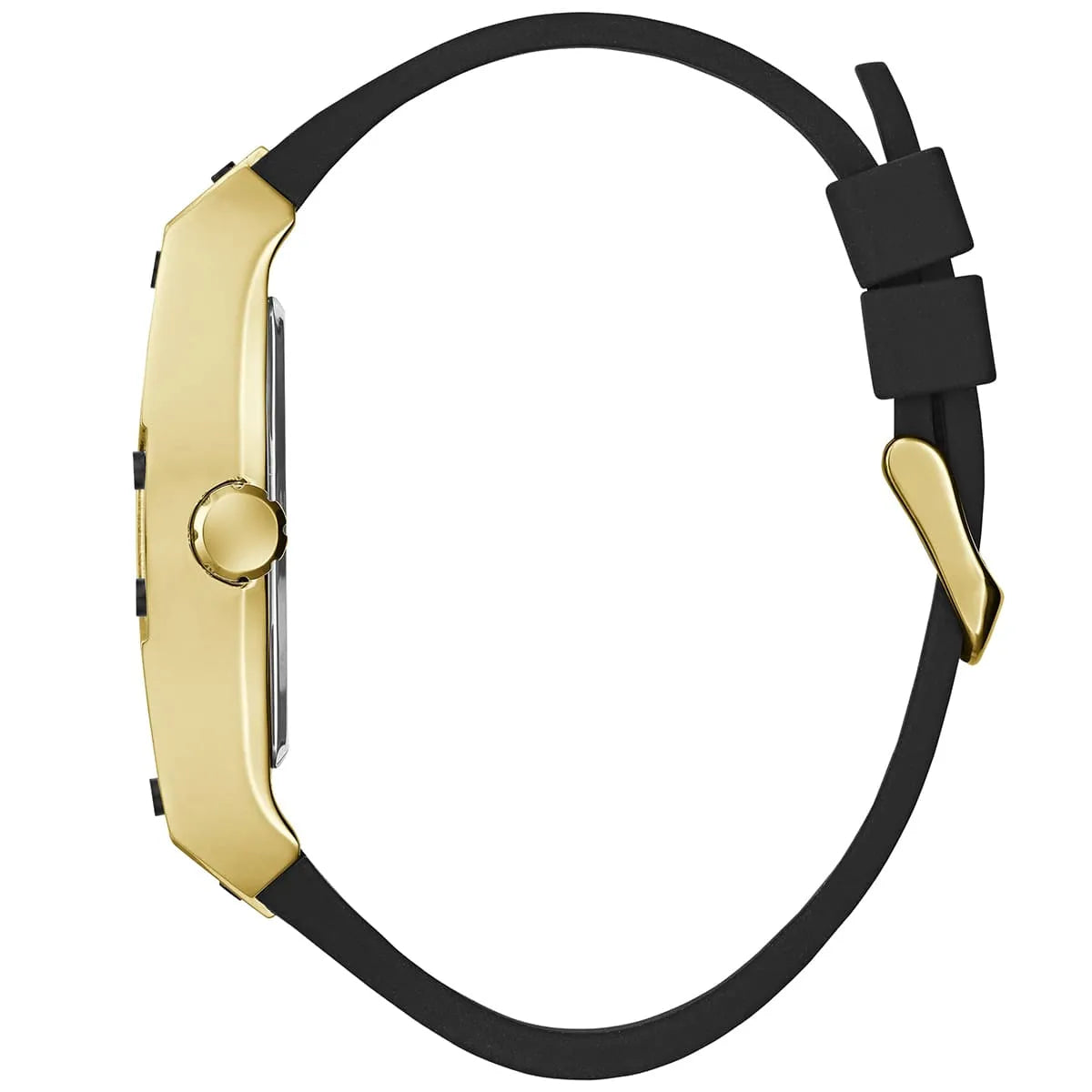 Left side view of the polished gold-tone stainless steel case of Guess GW0500G1