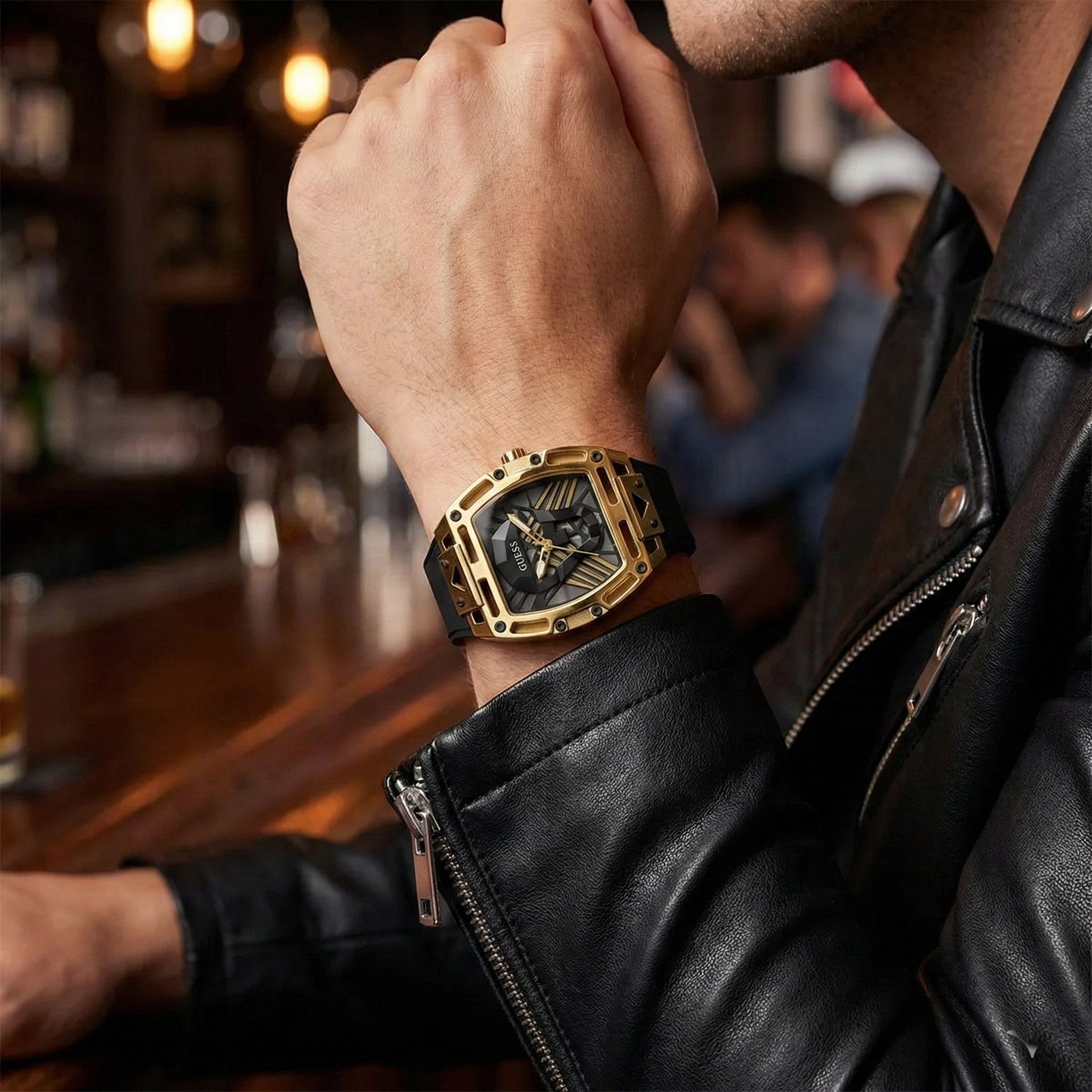 AI lifestyle shot of a man wearing the gold-tone Guess Legend watch