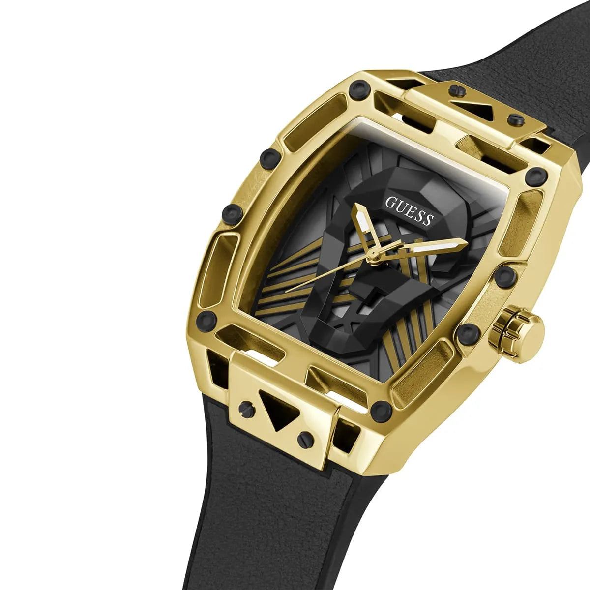 Side profile of Guess GW0500G1 highlighting the gold crown and slim case