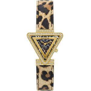 Guess Fame GW0504L3 women's watch with gold triangle case and leopard print strap
