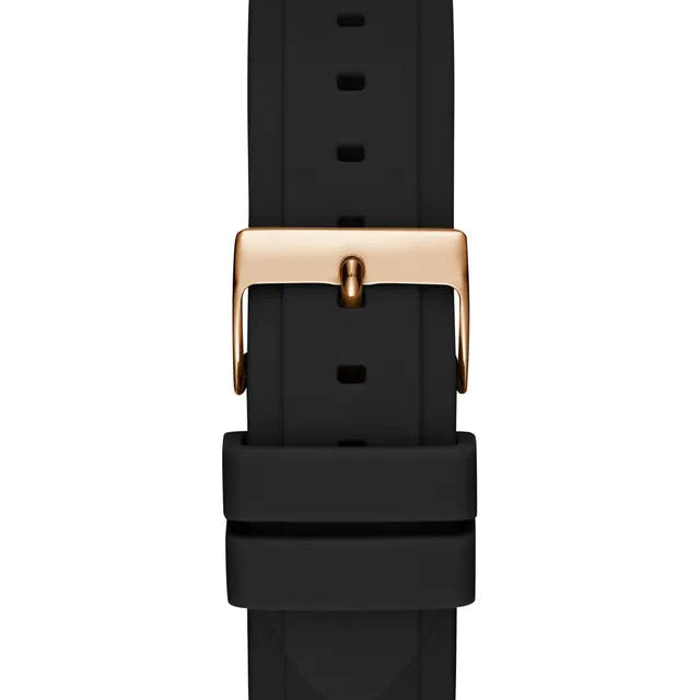 Rose gold-tone stainless steel buckle on the durable black rubber strap of the Guess GW0519L4