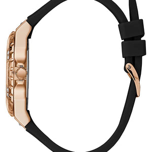 Detailed side view of the rose gold-tone crown on the Guess GW0519L4 women's model