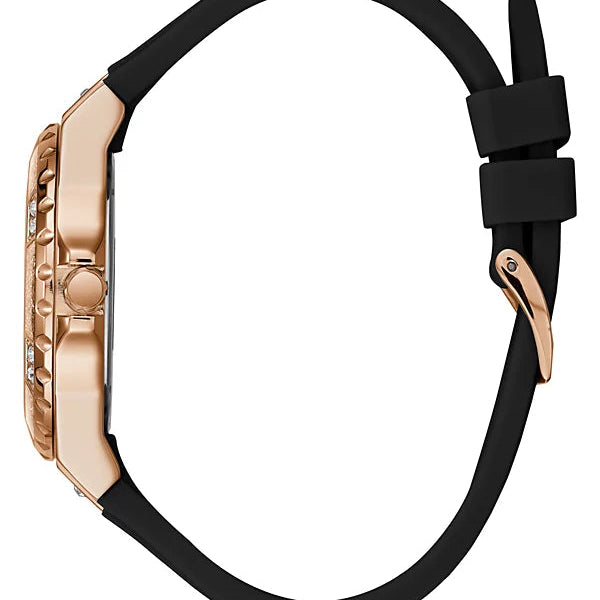 Detailed side view of the rose gold-tone crown on the Guess GW0519L4 women's model