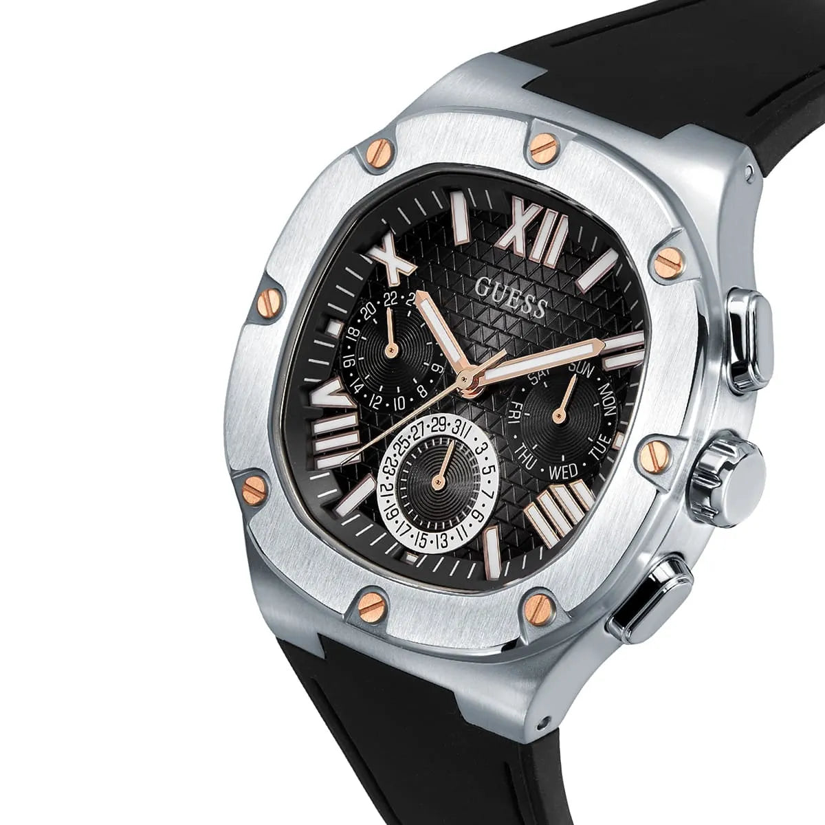Left side perspective of the Guess GW0571G1 black dial and durable rubber strap