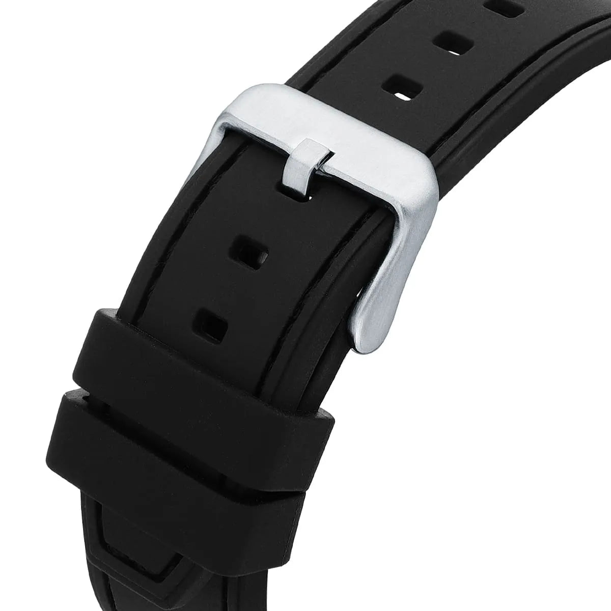 Silver-tone pin buckle on the black rubber strap of the Guess GW0571G1