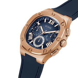 Left side perspective of the Guess GW0571G2 navy dial and durable rubber strap