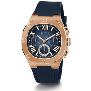 Angled view of the Guess GW0571G2 highlighting the rose gold-tone case and screw details