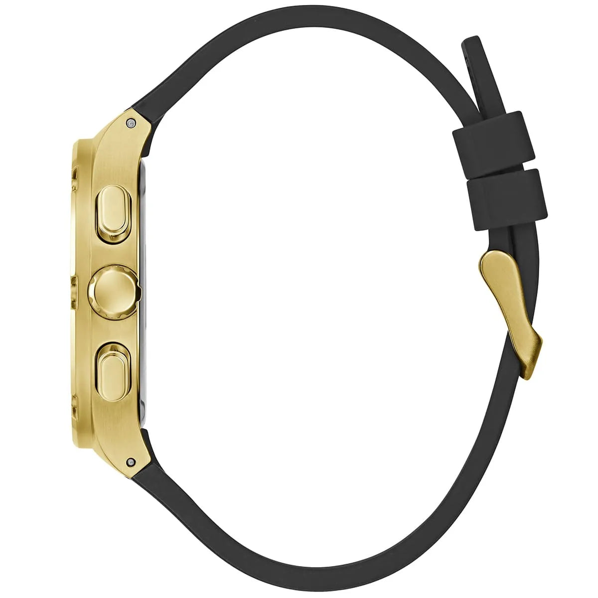 Side profile view of the 11mm gold-tone case of the Guess GW0571G3