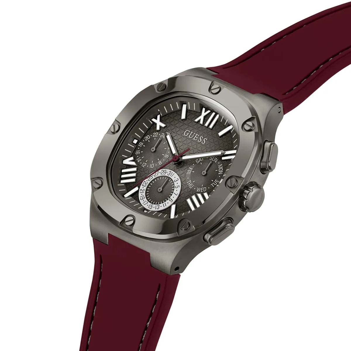 Left side perspective of the Guess GW0571G4 highlighting the durable red rubber strap