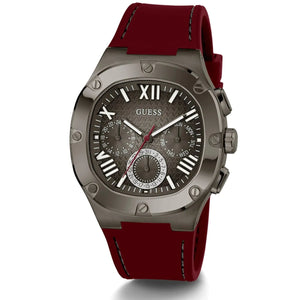 Angled view of Guess GW0571G4 showing the brushed gunmetal bezel and case thickness