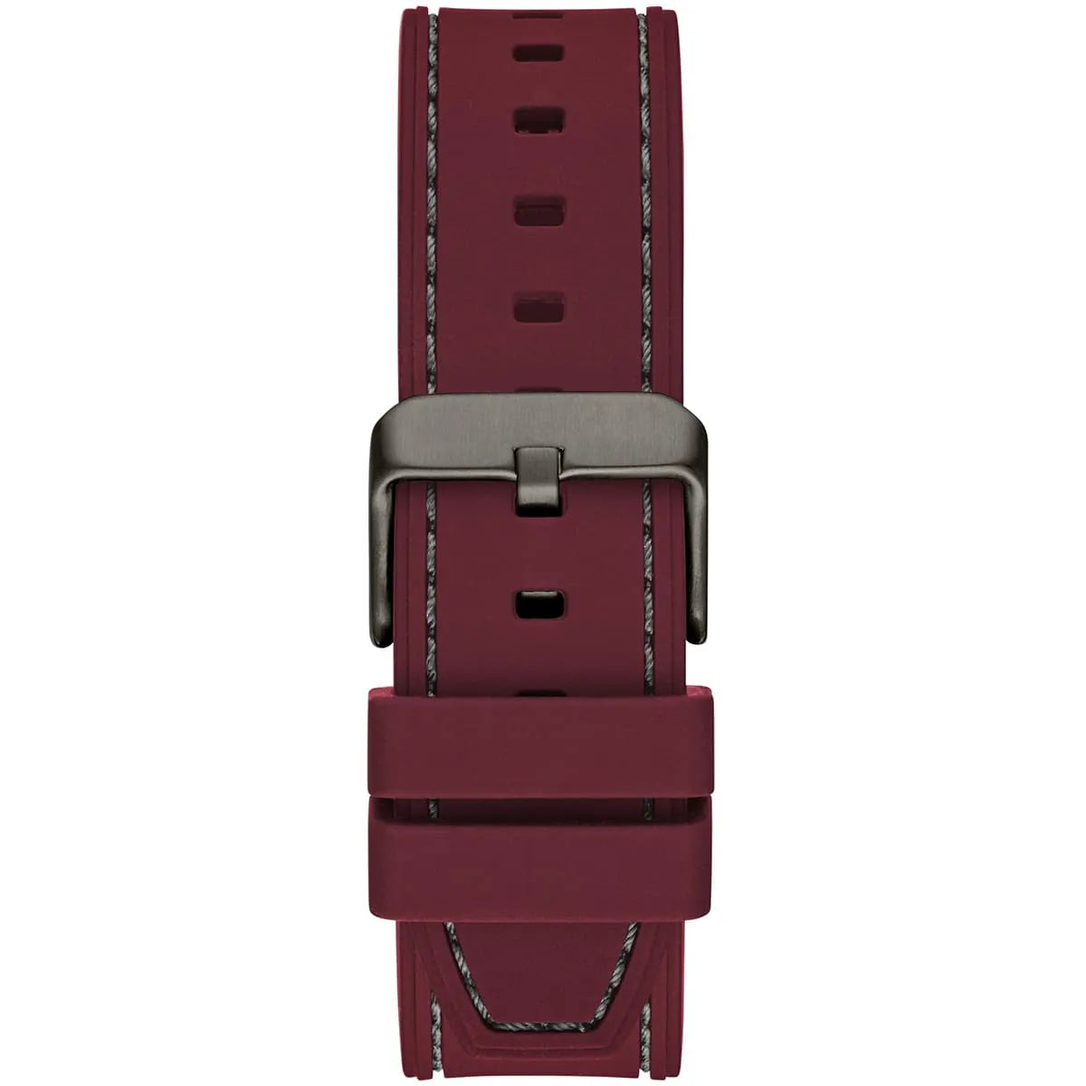 Gunmetal-tone pin buckle on the red rubber strap of the Guess GW0571G4