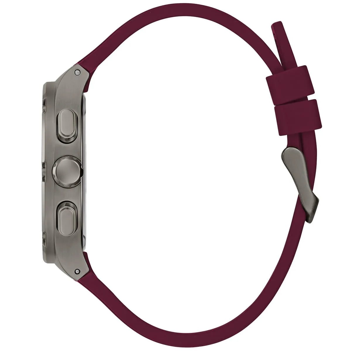 Detailed side view of the gunmetal crown and multifunction pushers on the Guess GW0571G4